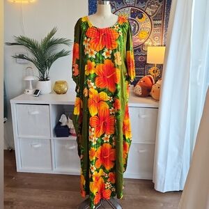 Vintage 70s Pomare Hawaii Maxi Mumu Tiki Dress Floral Orange Hibiscus One Size